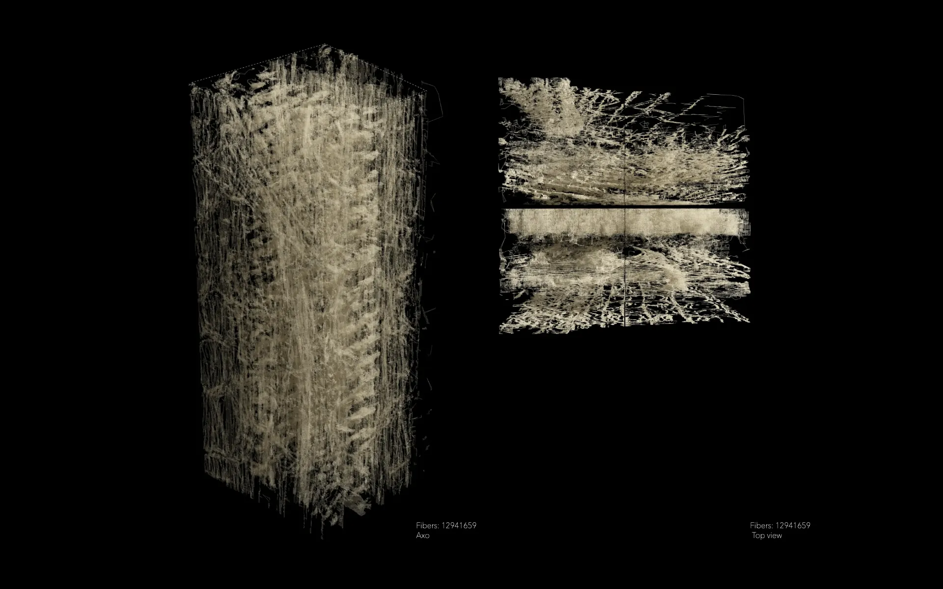Technical visualization of ARBOR's fiber structure, showing both axonometric and top views with fiber count, demonstrating the project's computational complexity.