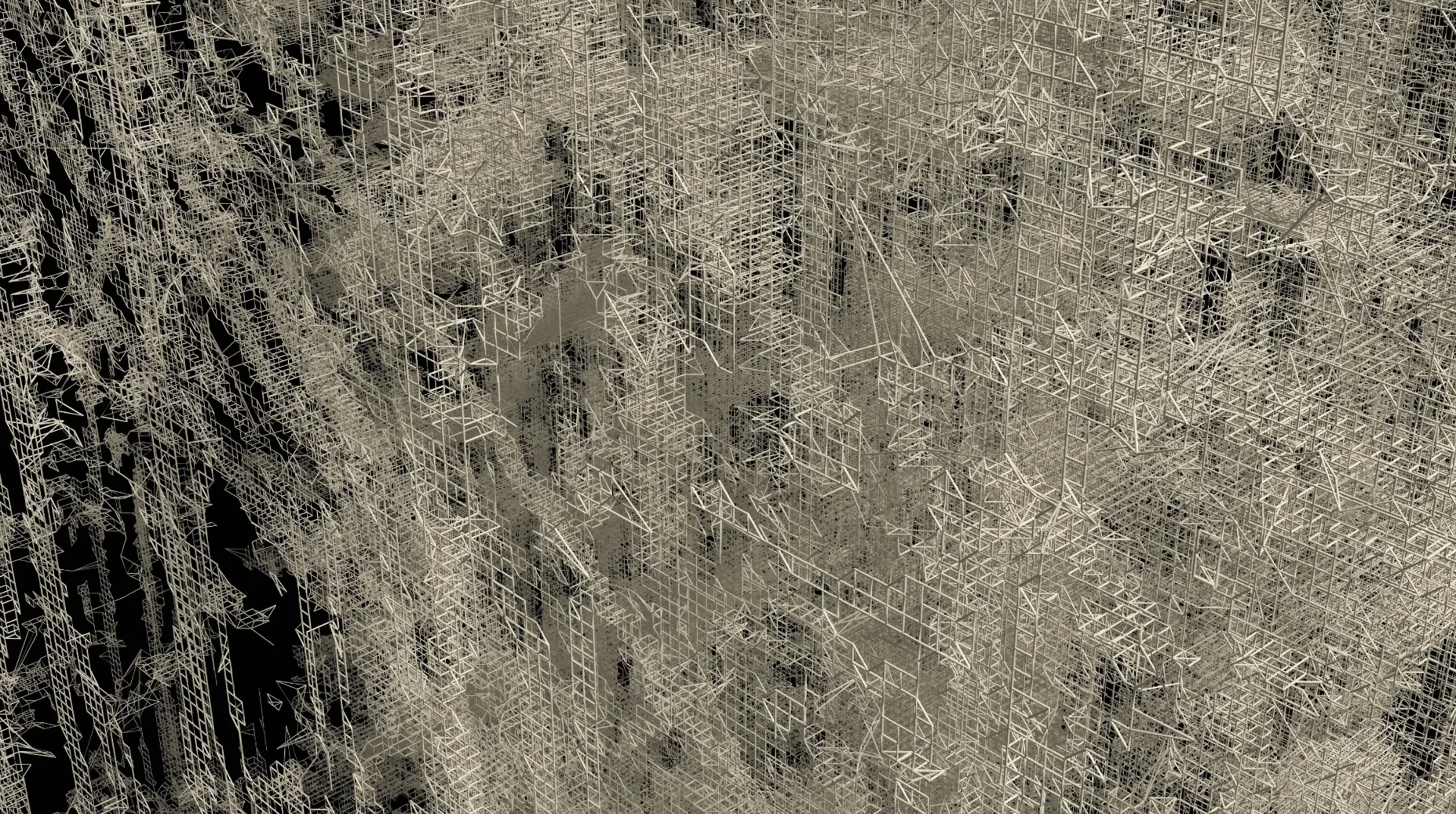 Digital wireframe visualization showing the complex internal structure of ARBOR, generated using StyleGAN2 neural network trained on wood microscopy data.